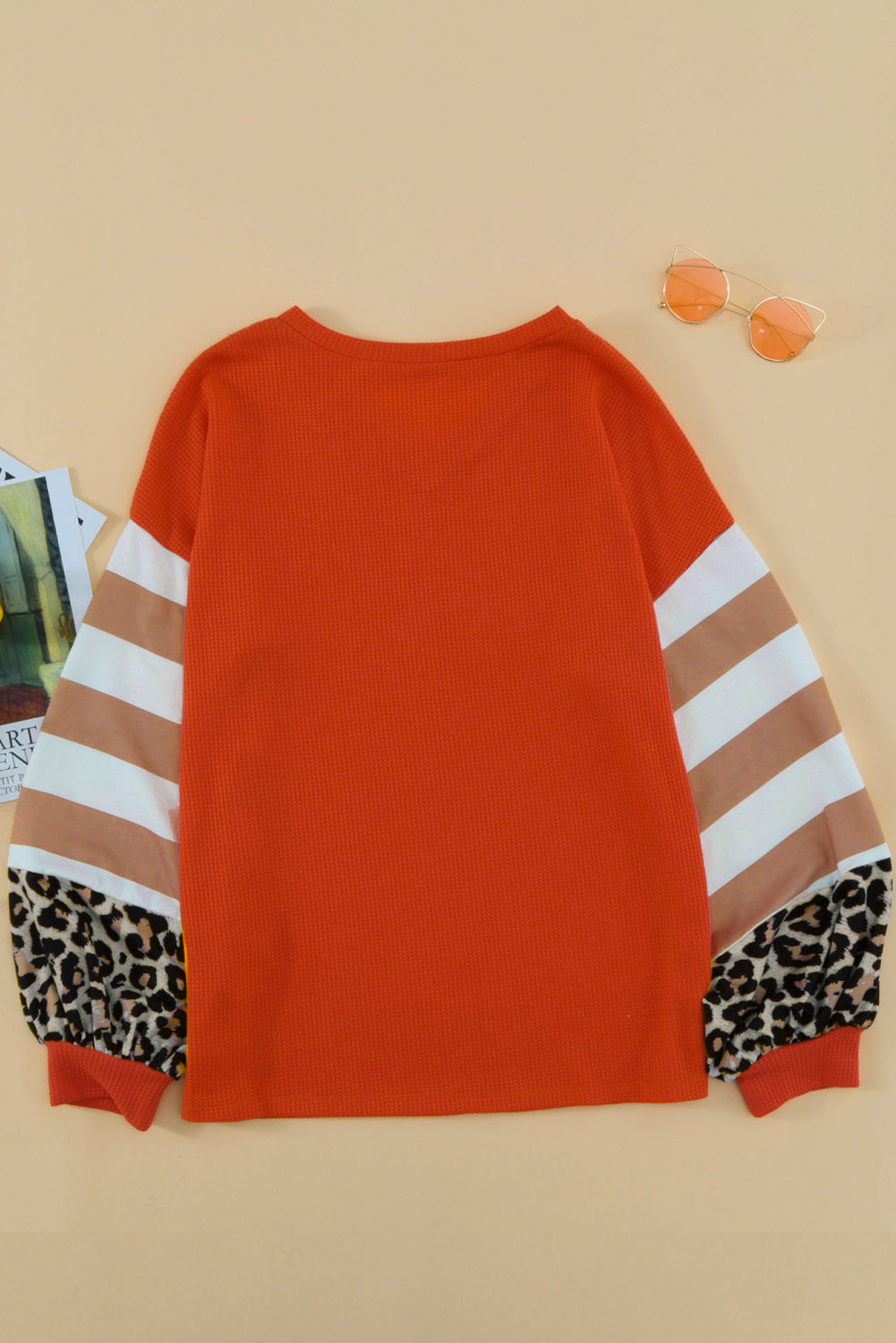 Women's Red V Neck Lantern Sleeve Leopard Stripe Splice Long Sleeve Top
