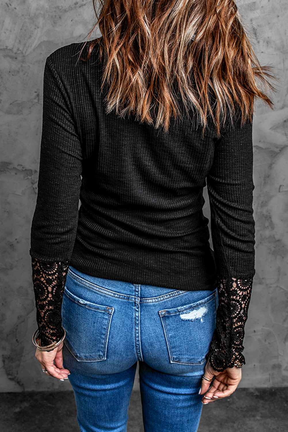Women's Chic Black Crochet Lace Hem Sleeve Button Top
