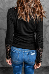 Women's Chic Black Crochet Lace Hem Sleeve Button Top