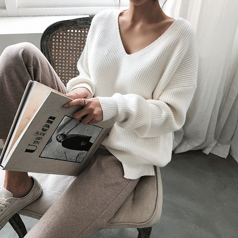 V-Neck Simple Irregular Pullover Sweater