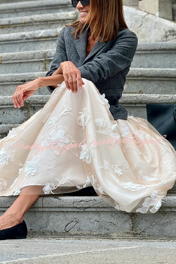 Timeless Luxury Tulle 3D Embroidered Flowers Elastic Waist Large Hem Midi Skirt