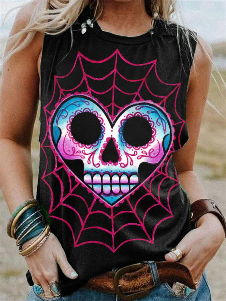 Heart Sugar Skull On Spiderweb Print Tank Top