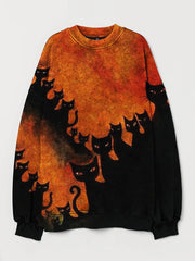 Halloween Black Cats Silhouette Contrast Washed Sweatshirt