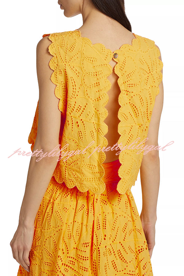 Laylin Cutout Embroidery Lace Petal Trim Open Back Slit Crop Tank Top