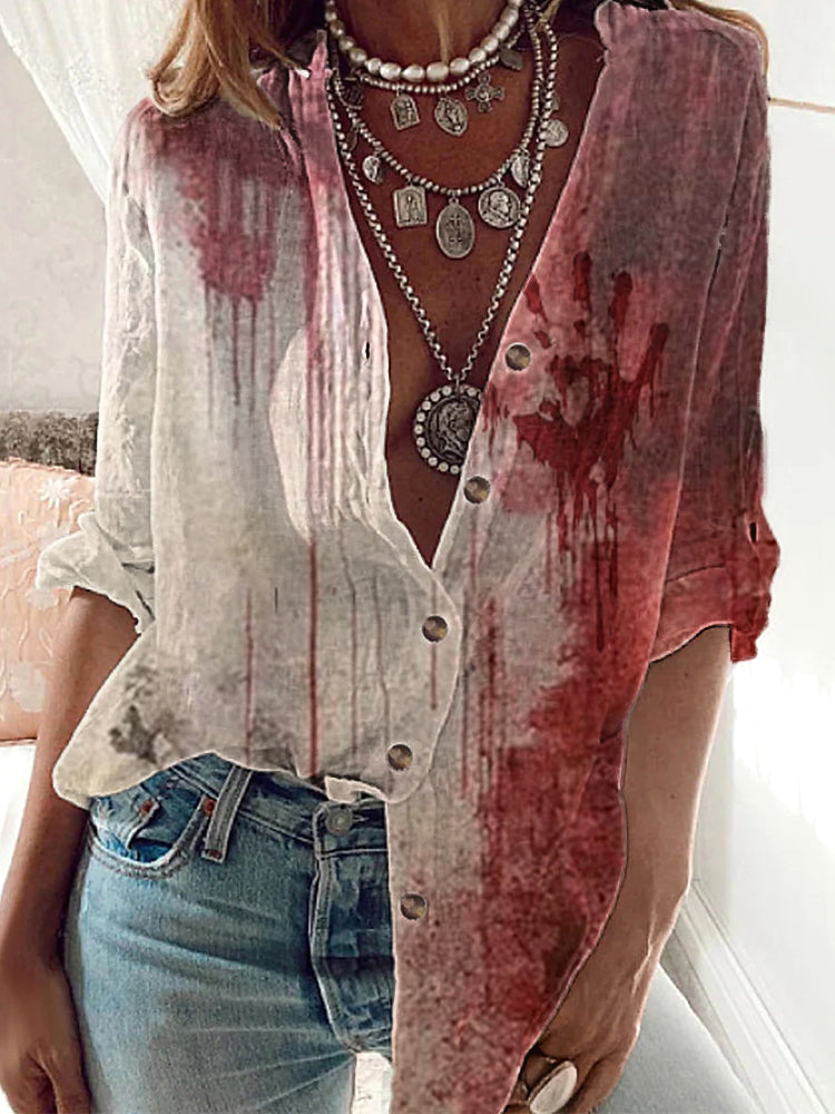 Blood Splatter Halloween You Can'T Scare Me I Have A Crazy Bestie Inspired Long-sleeve Linen Blend Shirt