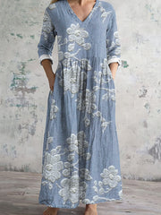 Embroidered Flower Print V-Neck Midi Dress