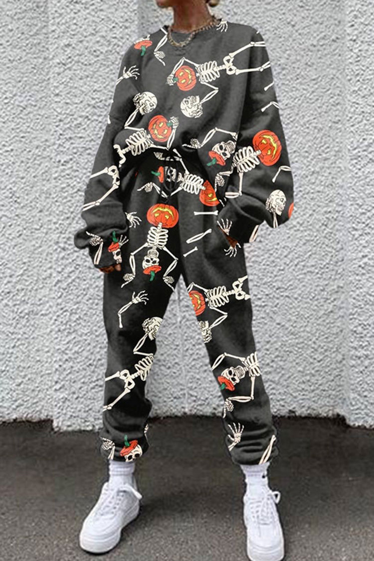 Casual Skull Pumpkin Print Two Piece Set