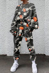 Casual Skull Pumpkin Print Two Piece Set