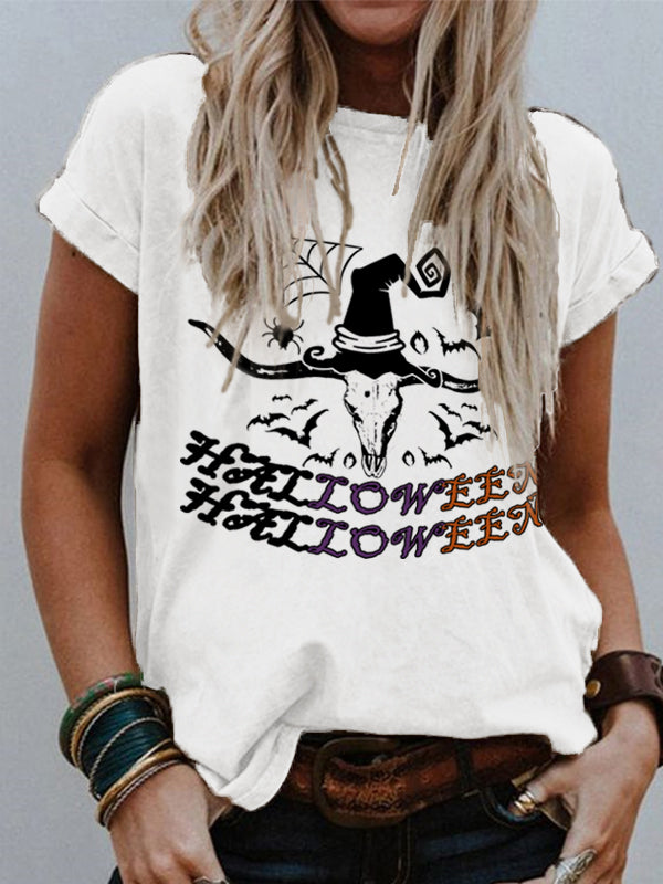 Halloween Western Horn Witch Hat Print T-Shirt