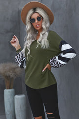 Women's Green V Neck Lantern Sleeve Stripe Splice Long Sleeve Top