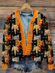 Halloween Embroidered Cat Cozy Hooded Cardigan