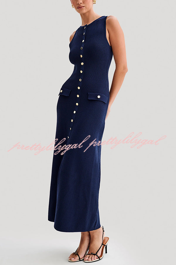 Solid Color Slim Fit Crew Neck Button Up Sleeveless Knitted Maxi Dress