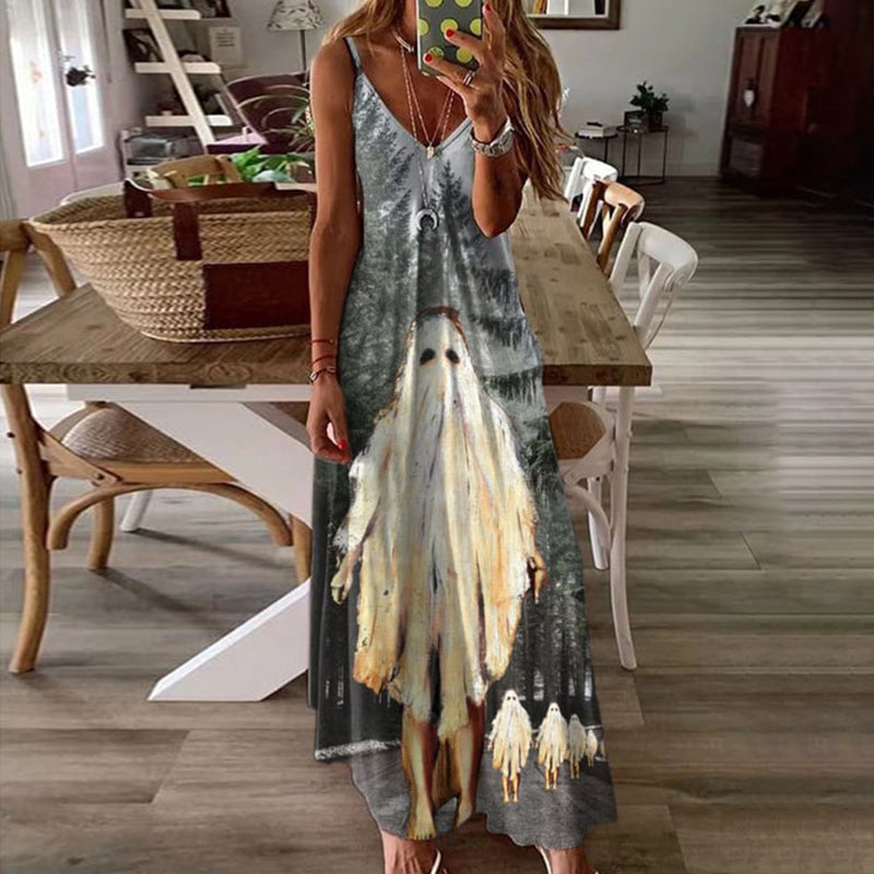 Ghost Halloween Print Slip Maxi Dress
