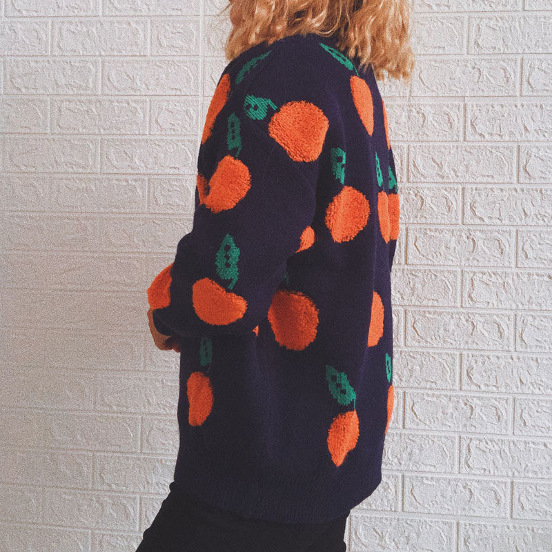 Orange Jacquard Casual Round Neck Sweater