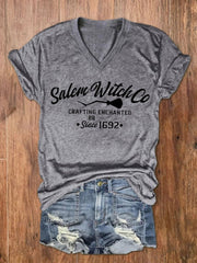 Halloween Salem Witch Co Crafting Enchanted since 1692 Printed V Neck T Shirt