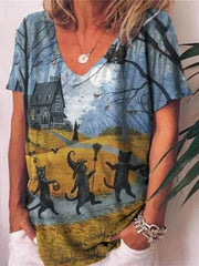 Halloween Cartoon Cat Print T-Shirt