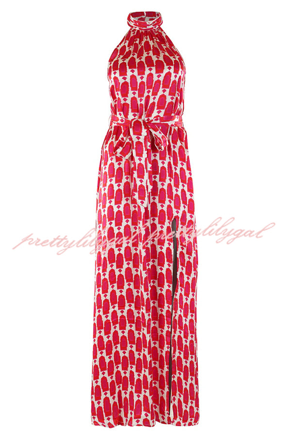 Unique Printed Sleeveless Halterneck Tie-waist Slit Maxi Dress
