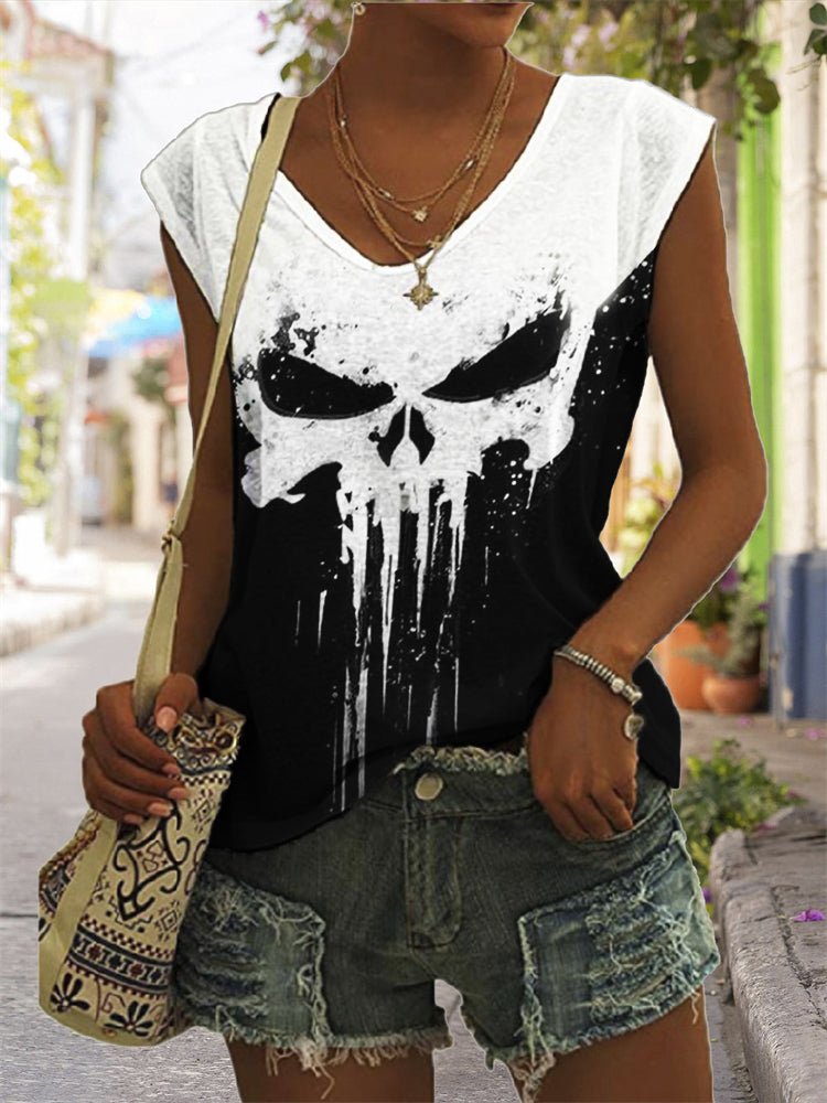 Skull Graffiti Contrast Color V Neck Tank Top