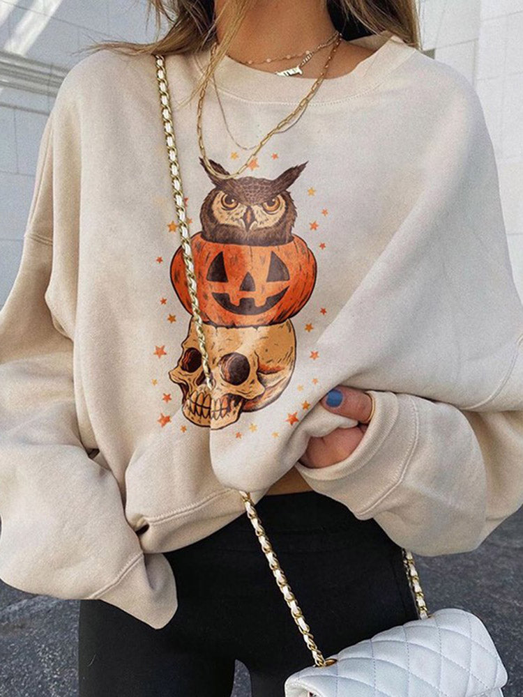 Halloween Pumpkin Skull Print Casual Sweatshirt