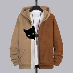 Men's Fun Hide And Seek Black Cat Print Hooded Zip-Up Jacket