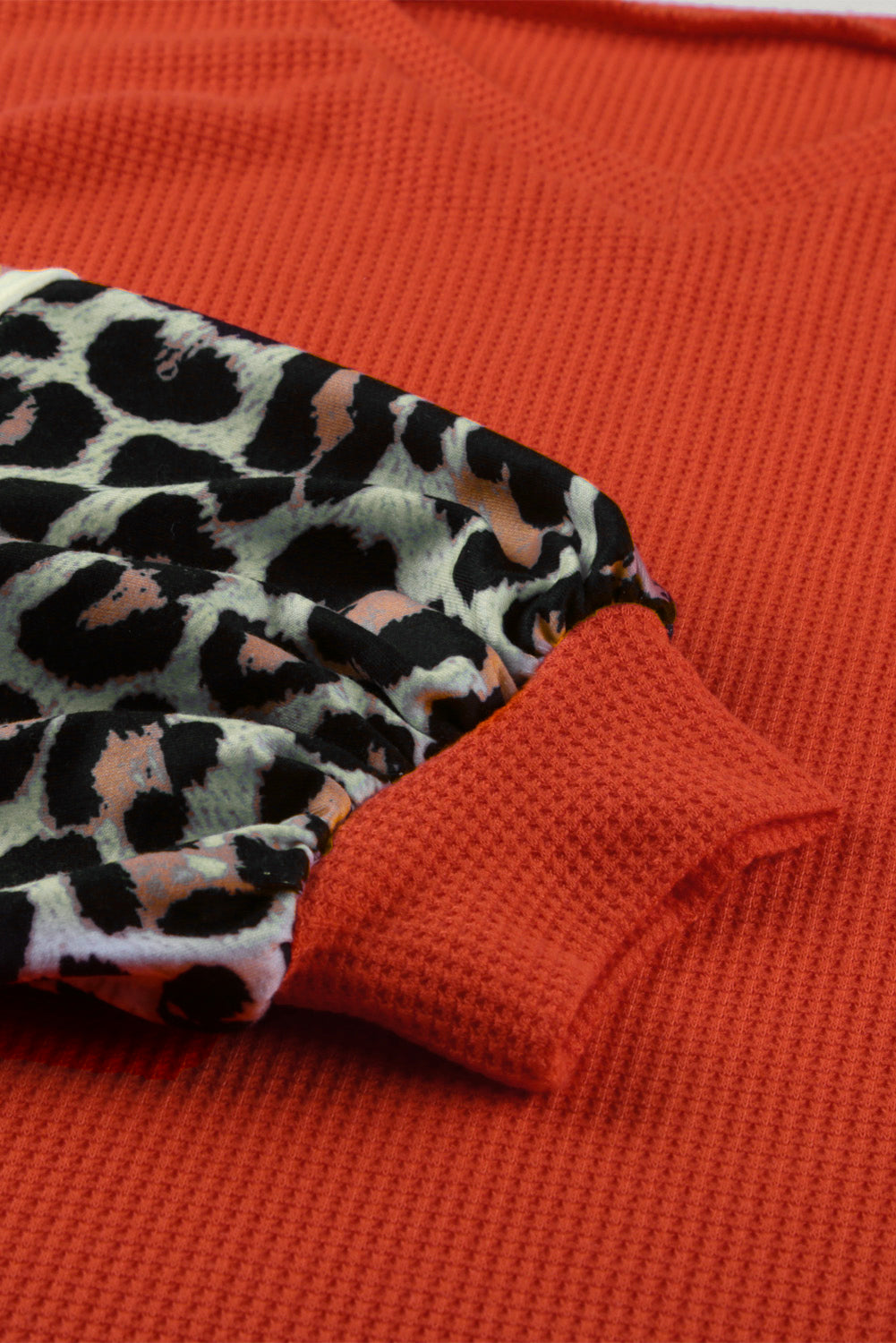 Women's Red V Neck Lantern Sleeve Leopard Stripe Splice Long Sleeve Top