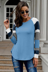 Women's Womens Color Block Long Sleeves Blue Pullover Top