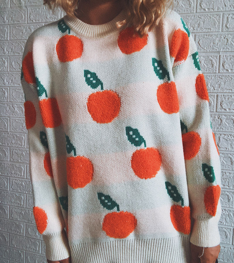 Orange Jacquard Casual Round Neck Sweater