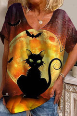 Halloween Cat Print Short Sleeve T-Shirt