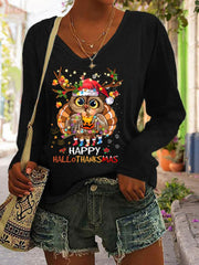 Happy Hallothanksmas Owl Print V Neck T Shirt