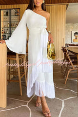 Solid Color One-sleeve Waisted Lace-up Fringed Hem Elegant Maxi Dress