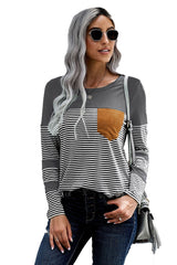 Women's Casual Gray Striped Pinstripe Patch Pocket Long Sleeve Top