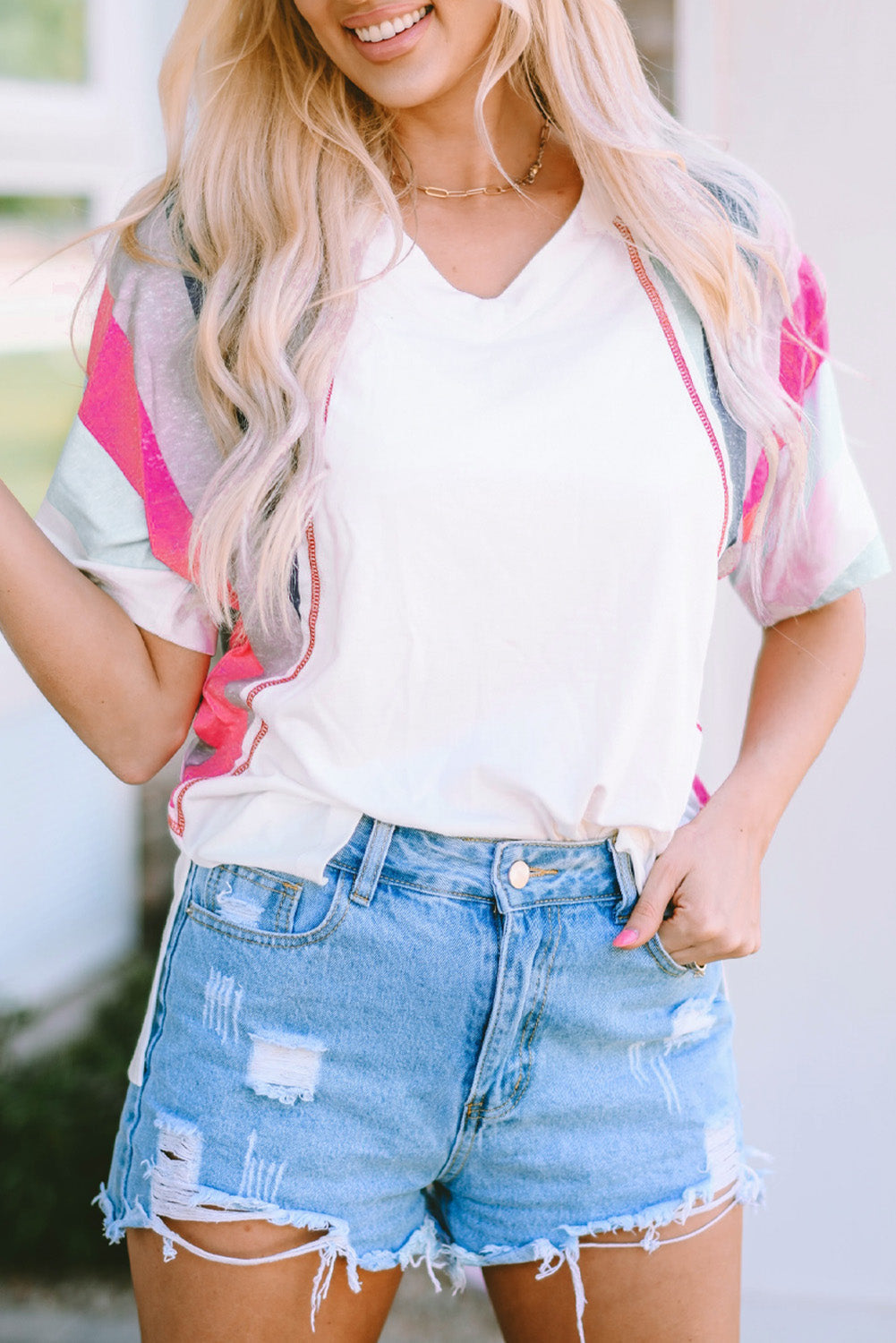 Women's White Stripe Patchwork T Shirt