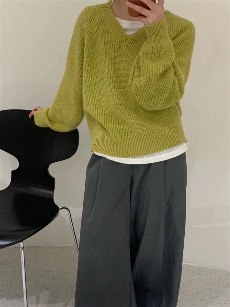 V-neck Soft Waxy Loose Gentle Knit Sweater