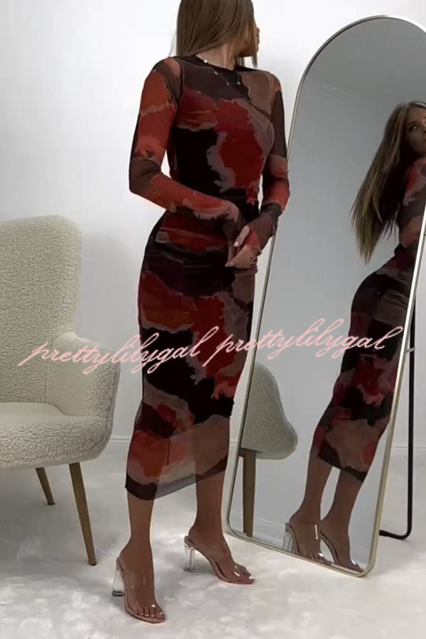 The Budapest Mesh Splash Ink Tie Dye Print Ruched Midi Dress