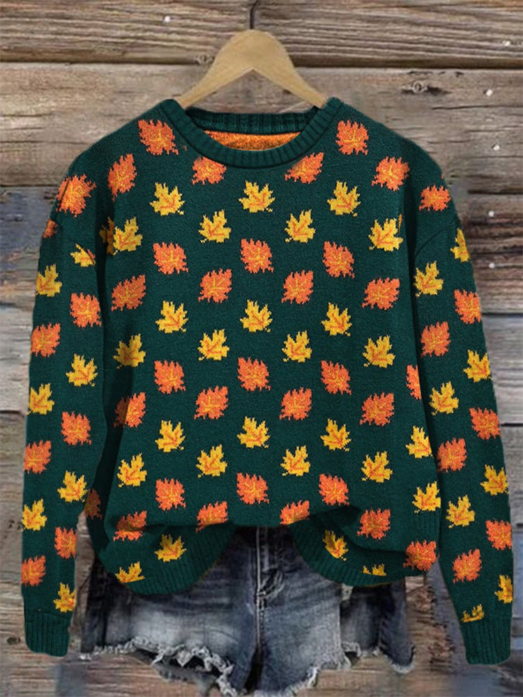 Women's Halloween Maple Leaf Design Printed Crew Neck Sweatshirt