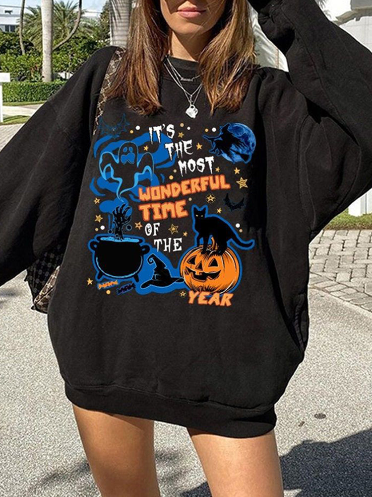 Casual Crew Neck Halloween Print Sweatshirt