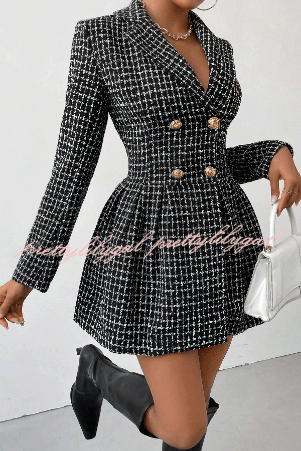 Plaid Print Lapel Long Sleeve Office Mini Dress