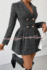 Plaid Print Lapel Long Sleeve Office Mini Dress