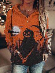 Vintage Halloween Pumpkin Ghost Art Button Up Hoodie