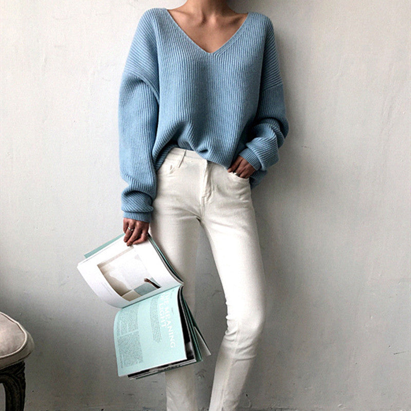 V-Neck Simple Irregular Pullover Sweater