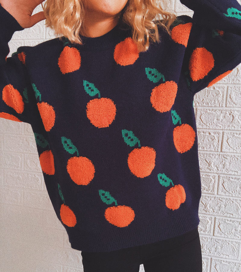 Orange Jacquard Casual Round Neck Sweater