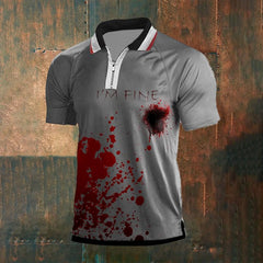 Men's Bloodstain I'm Fine Print Short Sleeve Raglan Zip Polo Shirt