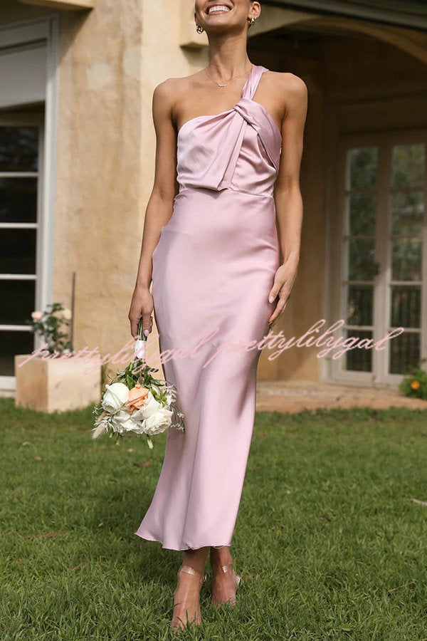 Carrie Satin Drape Twist Detail One Shoulder Midi Dress