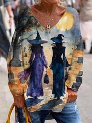 Women's Witches Crossing Graveyard Print V Neck Top