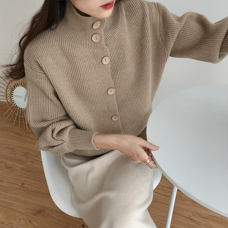 High-Necked Thick Loose Western-Style Knitted Cardigan