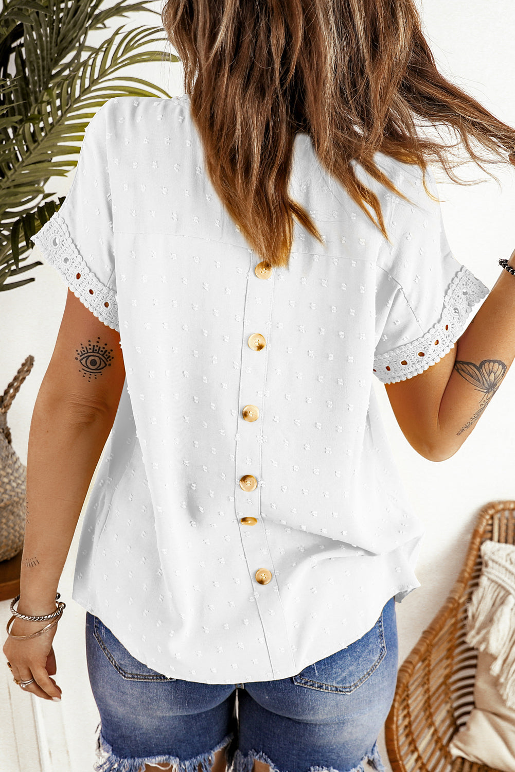 Women's White Swiss Dot Lace Splicing Tops