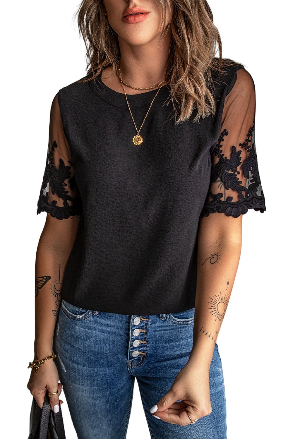 Women's Black Lace Short Sleeve Top