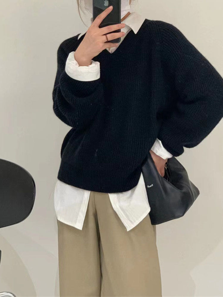 V-neck Soft Waxy Loose Gentle Knit Sweater