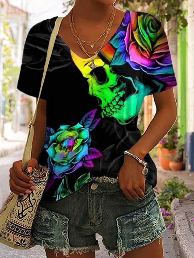 Rose Skull Print Short Sleeve T-Shirt