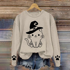 Halloween Witch Hat Cat Printed Sweatshirt